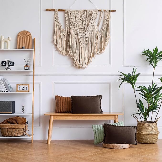 AmHoo Pack of 2 Linen Pillow Covers with Tassels Fringed Decorative Rustic Natural Throw Pillowcase Cushion for Couch Sofa Bedroom 12 x 20-Inch Brown