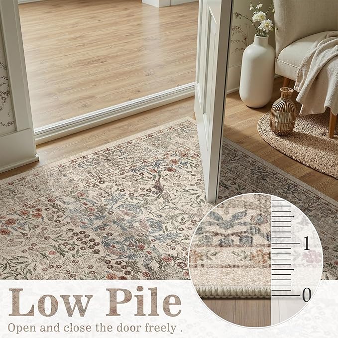 DCX Beige 8x10 Area Rugs, Machine Washable Non Slip Stain Resistant Soft Vintage Floral Rug, for Living Room, Bedroom, Playroom, Soft Low Pile Large Carpet