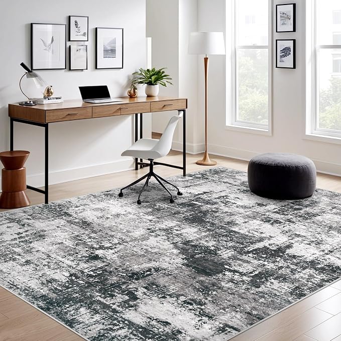 6x9 Area Rug for Living Room: Washable Abstract Soft Rugs Non Slip Modern Stain Resistant Low Pile Carpet for Dining Room Bedroom Nursery Office (Black Grey, 6'x9')