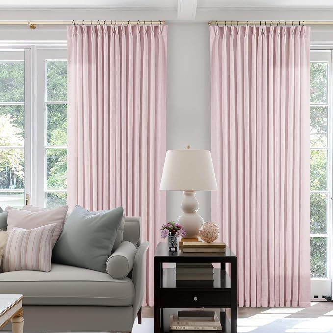 Light Pink Linen Pinch Pleat Curtains 108 Inch Length 2 Panels Set 40x108 | for Nursery Girls Bedroom Living Room, Pinch Pleat Memory Shape Trained, Light Filtering Privacy Semi Sheer, Baby Pink Blush