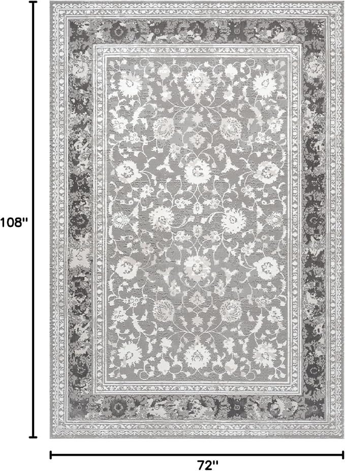Amber Traditional Floral Area Rug for Living Room, 6x9 Vintage Persian-Inspired Gray Rug, Medium Pile Stain Resistant Carpet for Bedroom, Dining Room or Kitchen (6' x 9', Gray)