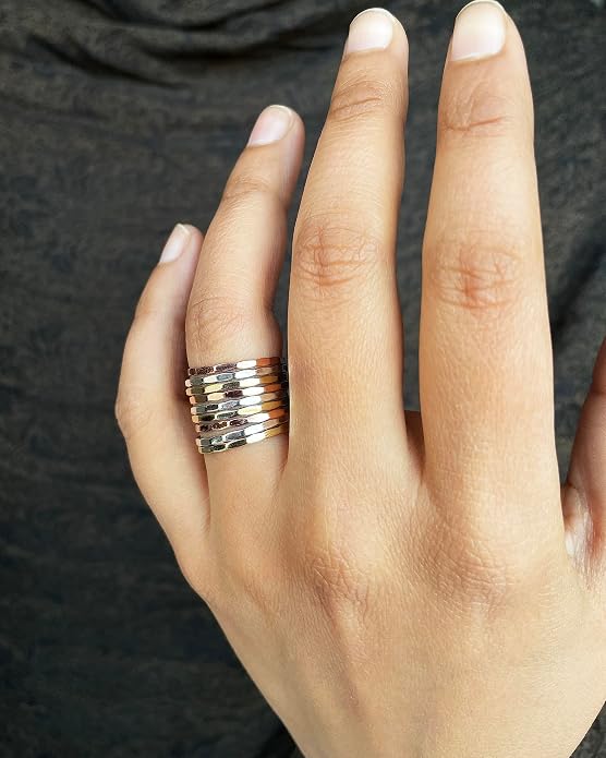 PHNX Two-Tone Stacking Ring for Women | Real Sterling Silver Ring| Hammered Finish Design | Elegant Boho Chic Jewelry | Perfect for Daily Wear, Special Occasions