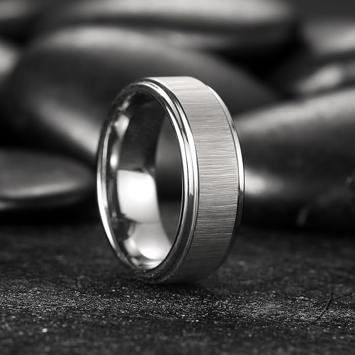 King Will Classic Tungsten Carbide Ring Brushed Two Grooved Center Hammered Design Mens Wedding Band for Men