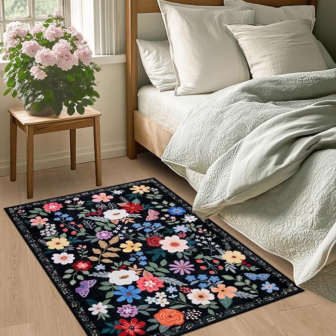 Entryway Rug 2X3 Small Rugs: Floral Washable Door Mat Vintage Soft Low Pile Non-Slip Kitchen Rugs Stain Resistant Indoor Throw Rug for Entrance, Bedroom, Kitchen, Laundry, Bathroom Black