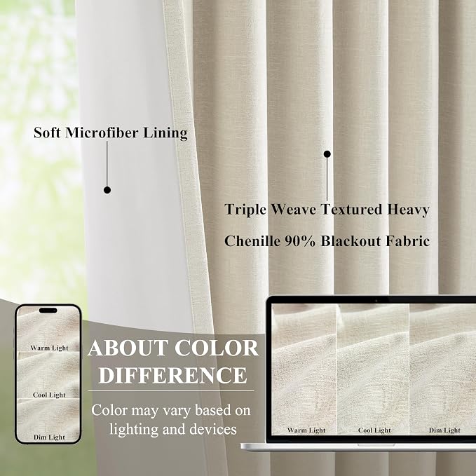 WEST LAKE 9 FT Beige Pinch Pleated 90% Blackout Curtain Panels for Bedroom | Triple Weave Textured Heavy Chenille Room Darkening Drapes 108 Inches Long,Modern Window Treatment,40"Wx108"Lx2