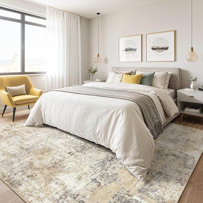 LOONGRUG 7x9 Area Rug Living Room: Machine Washable Large Abstract Soft Rugs Stain Resistant Indoor Floor Non Slip Accent Carpet for Bedroom Nursery Playroom Office Dining Room Dorm Home- Gray Gold