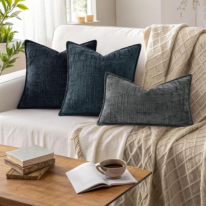 decorUhome Chenille Throw Pillow Covers 20x20 Set of 2,Midnight Blue | Soft Texture, Slubby Modern Design, Flange Edges, Cozy Accent Pillow Covers for Couch, Sofa, Bed, Living Room