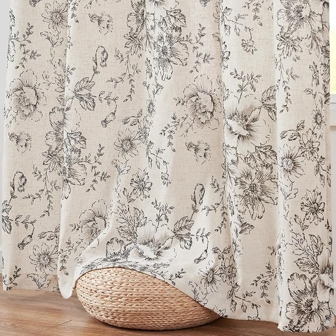 jinchan Black Floral Linen Curtains Lined 84 Inch Vintage Back Tab 2 Panels | Privacy lining, light filtering drapes, vintage, cottagecore, french country, rustic, bedroom, living room, window treatment