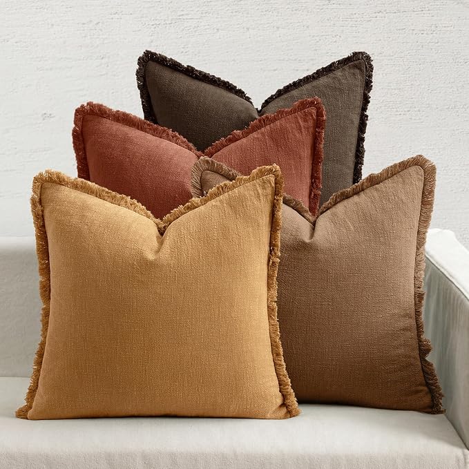 MIULEE Fall Linen Fringe Pillow Covers Set of 4 18x18 Orange/Yellow | Boho Farmhouse Decorative Throw Pillow Covers, Neutral Soft Rustic Cushion Cases, for Couch Sofa Bed Living Room Home Decor