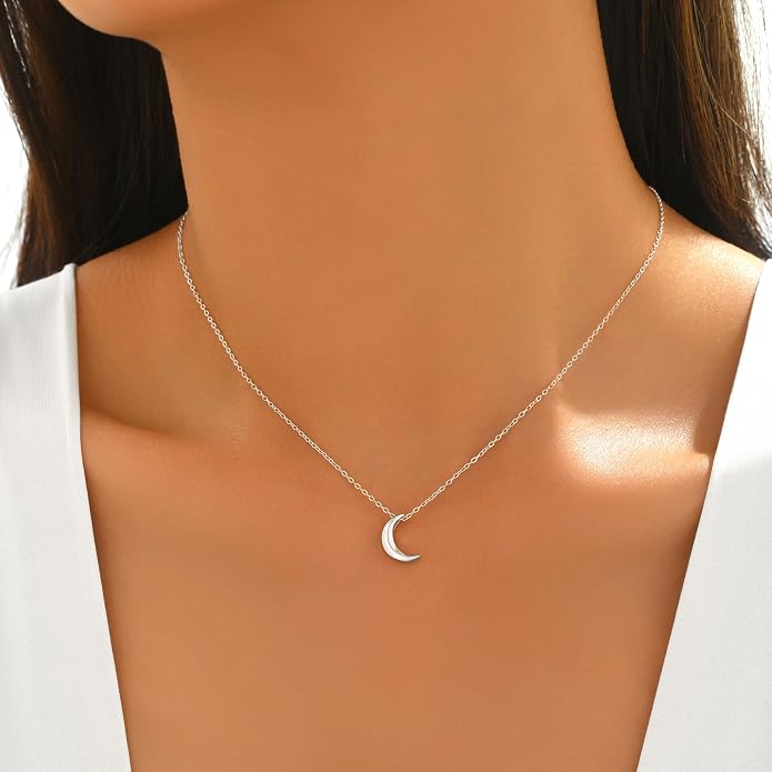 Crescent Moon Necklace for Women, 925 Sterling Silver Crescent Choker Necklace 14K Gold Plated Dainty Half Moon Pendant Necklace for Mother Daughter Mother Wedding Graduation Jewelry Gift