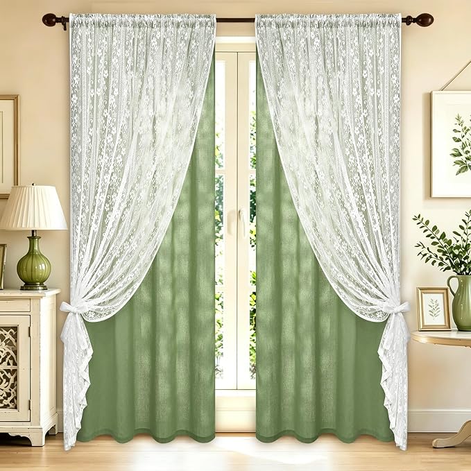 ASPMIZ Linen Curtains for Living Room Double Layer Curtains with Linen Lace, Sage Green Curtain for Bedroom Light Filtering, Rod Pocket Drapes 63 Inch Length 2 Panels Set with 2 Tiebacks, 52x63
