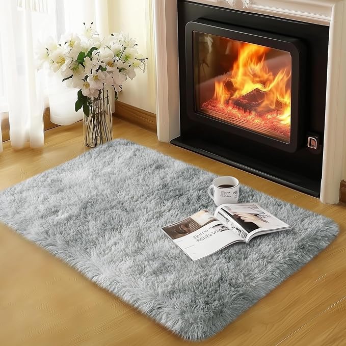 qulint 2x3 Rug for Bedroom, Fluffy Small Rug for Living Room, Tie-Dyed Grey | Soft Shag Fuzzy Throw Rug for Boys Room, Plush Shaggy Modern Rug for Kids Room Nursery Dorm Classroom Home Decor