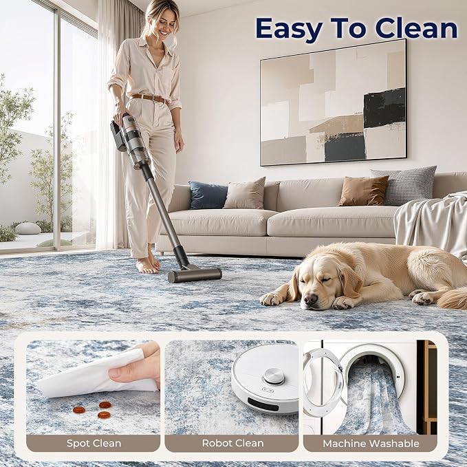 DMOYEST 6x9 Area Rug - Washable & Non Slip Indoor Rug for Living Room, Kid & Pet Friendly Abstract Low Pile Soft Carpet for Bedroom and Dining Room - Blue