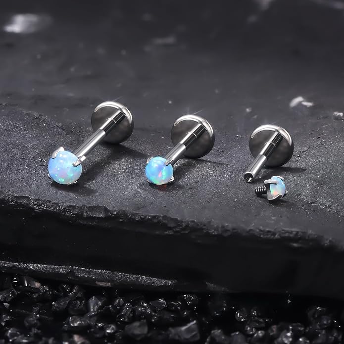 Ruifan Titanium Flat Back Lip Rings Externally Threaded Earrings Studs Nose Rings 20G 18G 16G Round Opal Tragus Cartilage Lobe Rook Helix Conch Labret Medusa Piercing Jewelry for Women Men