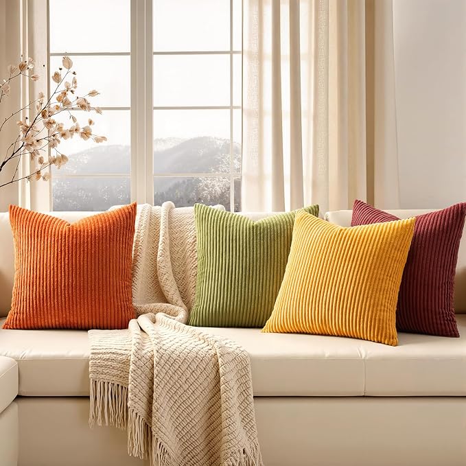 EMEMA Burnt Orange Decorative Throw Pillow Covers for Couch Bed Livingroom 18x18 Inch Set of 4 Boho Farmhouse Corduroy Striped Square Pillow Case,Western Modern Cushion Covers Home Decor
