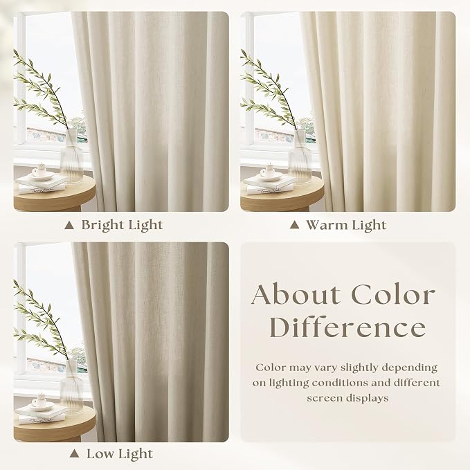 Oatmeal Pinch Pleated Linen Curtains 100x108 Inch Light Filtering | Semi Sheer, Boho Neutral Drape, for Living Room Bedroom Window, Pleat Curtain for Track System, with Hooks Rings, 1 Panel