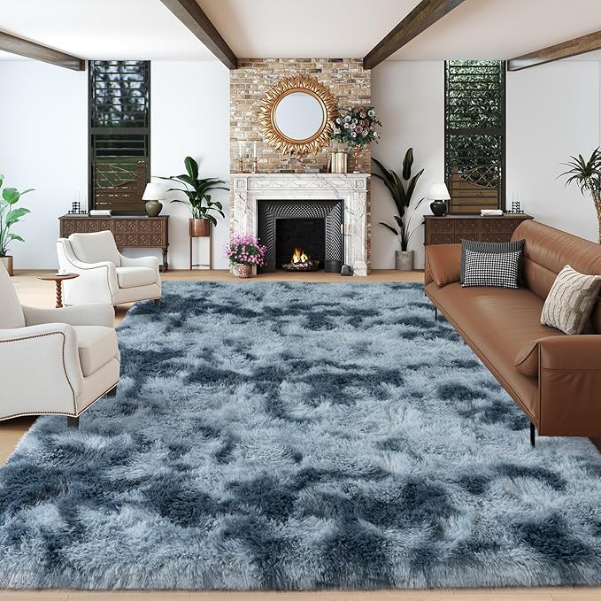 9x12 Area Rugs for Living Room, Dark Blue Tie-Dyed Plush Fluffy Carpet | Upgrade Non-Slip Thick Large Blue Area Rug for Nursery Kids Room Dorm Room Home Decor, Indoor Plush Floor Carpet