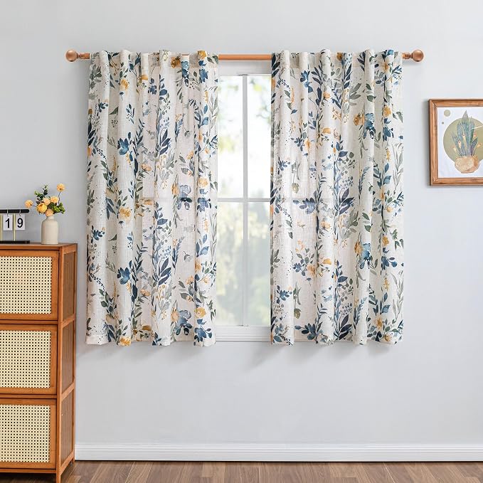 MYSKY HOME Linen Floral Kitchen Curtains 54 inch Long 2 Panels Set - Light Filtering Semi Sheer Farmhouse Drapes Back Tab Rod Pocket for Small Windows, 50" W Each Panel, Yellow and Blue, 2 Pcs