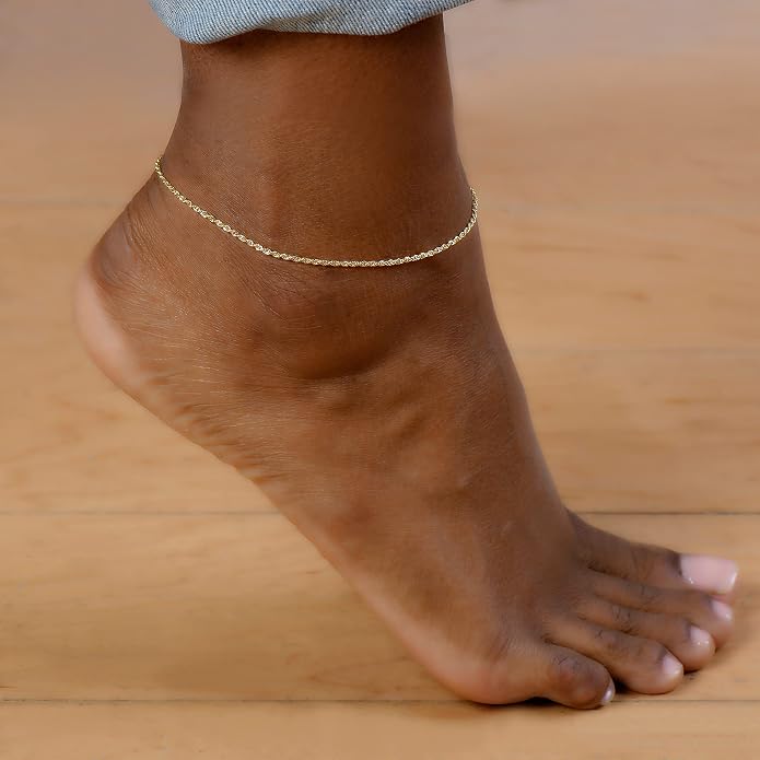 PORI JEWELERS 10K Solid Gold 2mm Diamond Cut Rope Chain Bracelet or Anklet for Women - Lobster Clasp
