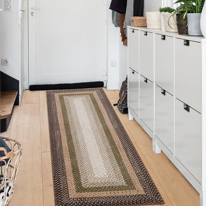 RUGSREAL 2x10 Long Hallway Runner Rug Braided Print Area Rug Runner Non Slip Kitchen Runner Mat Washable Rug Farmhouse Carpet Rustic Accent Area Rug for Living Room Bedroom Bathroom, Moss/Brown