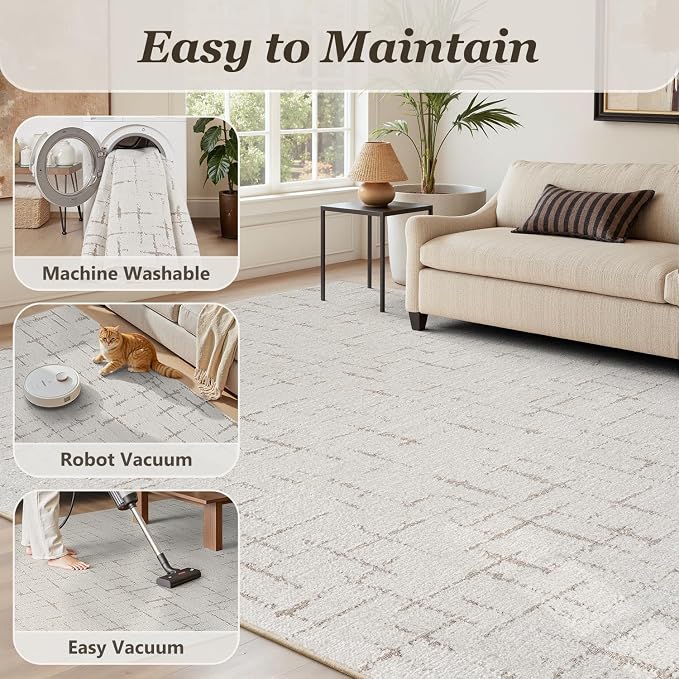 Engiw-Beige Neutral 8x10 Area Rug for Living Room Rug-Carpet Bedroom Rugs Textured Tufted Jacquard Modern Washable Rug for Dining Room Nursery Non Slip