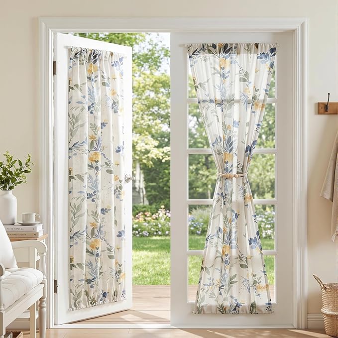 MYSKY HOME Floral Linen French Door Curtains Blue Farmhouse Privacy Door Window Curtains Semi Sheer Light Filtering Rod Pocket Curtain for Patio Glass Door, Each 26" W x 72" L, 2 Panels