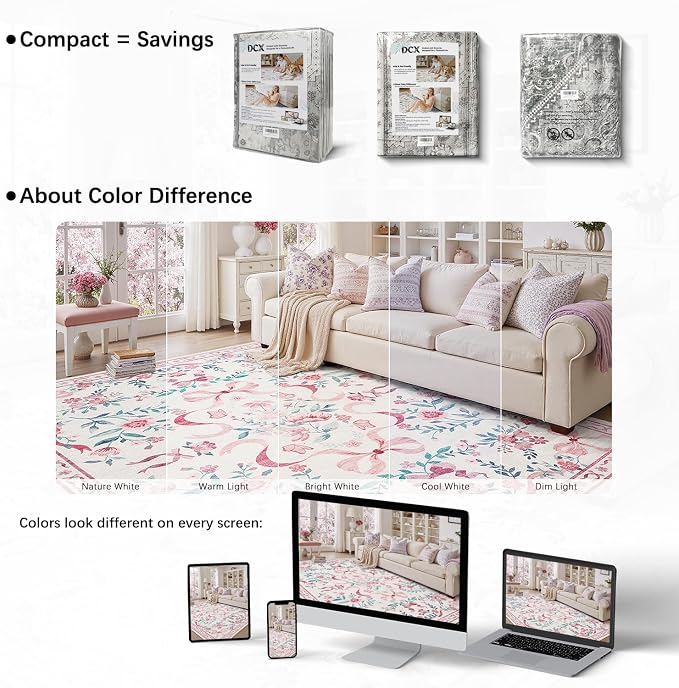 DCX Washable 4x6 Bow Rug, Pink Floral Rug for Girls’ Bedroom, Cute Soft Low Pile Indoor Décor Carpet, Kid & Pet Friendly Nursery Rug for Living Room, Dorm, Playroom