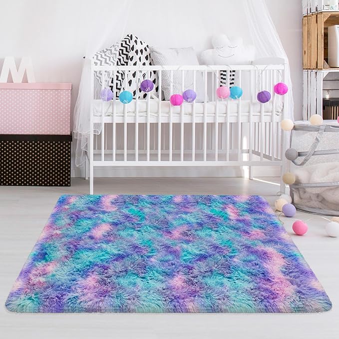 Tie-Dyed Purple Blue Rainbow Kids Rug for Bedroom, 3x5 Fluffy Fuzzy Area Rugs for Girls Room Dorm, Indoor Shaggy Living Room Carpet, Cute Soft Shag Playing Mat for Baby Nursery Playroom