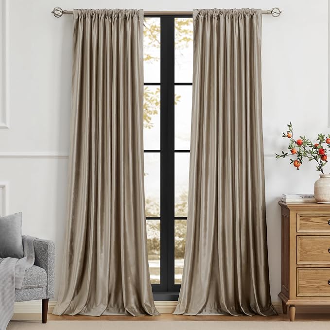 PRIMROSE Taupe Curtains 96 inch for Living Room,2 Panels Velvet Drapes Blackout Rod Pocket Back Tab Window Treatment Room Darkening Decorative Thick Curtains for Bedroom