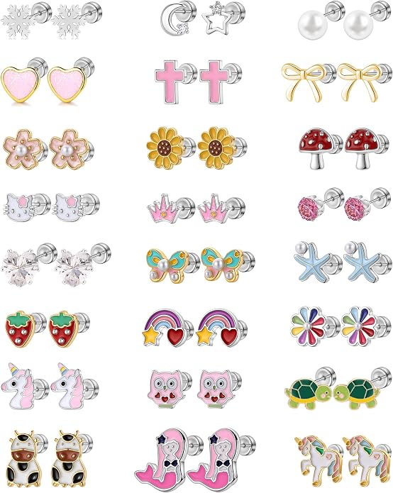 24 Pairs Hypoallergenic Screw Back Earrings for Girls Kids Women Surgical Stainless Steel Flat Back Earrings for Sensitive Ears Cute Strawberry Flower Rainbow ScrewBack Stud Earrings Jewelry