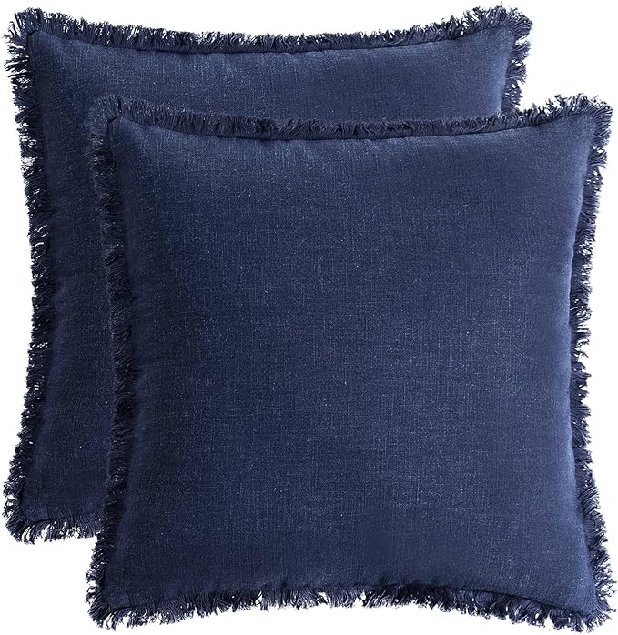 AmHoo Pack of 2 Linen Pillow Covers with Tassels Fringed Decorative Rustic Natural Throw Pillowcase Cushion for Couch Sofa Bedroom 24 x 24-Inch Navy Blue
