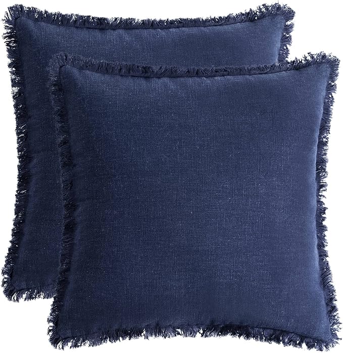 AmHoo Pack of 2 Linen Pillow Covers with Tassels Fringed Decorative Rustic Natural Throw Pillowcase Cushion for Couch Sofa Bedroom 26 x 26-Inch Navy Blue