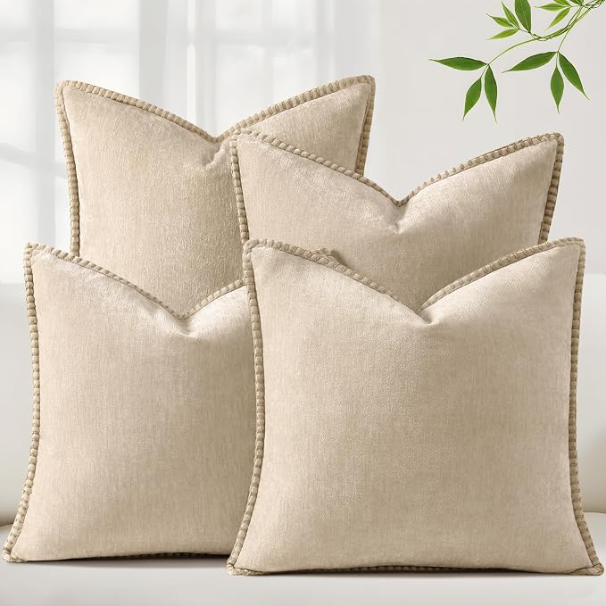 decorUhome Fall Soft Decorative Chenille Throw Pillow Covers 16x16 Set of 4 | Beige Cozy Decorative Modern Farmhouse Neutral Pillow Cases with Stitched Edge for Couch Sofa Bed Living Room Home Decor