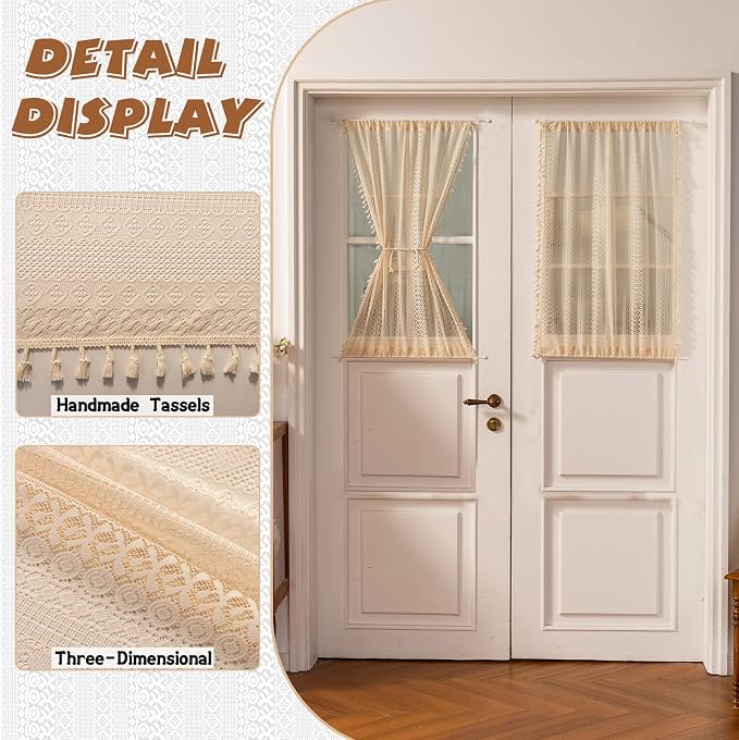 Sutuo Home Beige Door Curtains for Doorway Glass & Sidelights, Vintage Chic Privacy Print Drapes French Country Handmade Tassels Xmas Boho Curtains for Front Door, Rod Pocket 2 Panels 25" W x 40" L