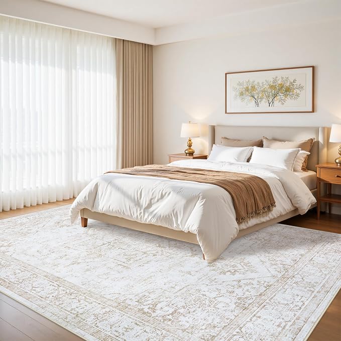 10x14 Area Rugs for Living Room:Beige Washable Vintage Medallion Rug Non-Slip Soft Low Pile Large Rugs Indoor Retro Carpet for Bedroom Kitchen Nursery Dining Table Office (Beige, 10'x14')