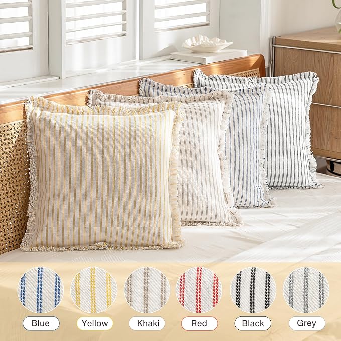 YEENAASY Throw Pillow Covers 22x22 Set of 2 Striped Fringe Pillow Cover Farmhouse Cushion Covers with Tassel Neutral Boho Pillows Decorative Square Pillowcase for Couch Sofa Bed, Grey