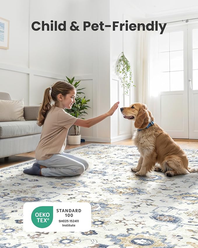 AMADA HOMEFURNISHING 9x12 Washable Area Rug, Low-Profile Large Area Rug with Non-Slip Backing & Durable Edge Binding, Vintage Large Rugs for Living Room, Bedroom & Dining Room