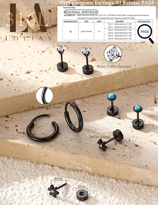 LOLIAS 21Pairs Surgical Steel Flat Back Earrings Hypoallergenic 20G Screw Back Nap Stack Cartilage Earring Stacks