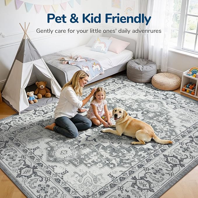 Lessymo Area Rugs 10 x 14 for Living Room, Washable Large Area Rugs Boho Faux Wool Low Pile Area Rug for Bedroom, Floral Medallion Vintage Rugs with Non-Slip Rubber, Kid & Pet Friendly,Grey Beige