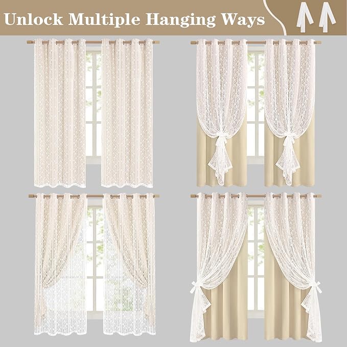 ASPMIZ Beige Blackout Curtains for Bedroom 84 inch Long, Double Layer Curtains for Living Room Light Blocking Grommet Drapes with Lace Overlay, Thermal Insulated Window Curtain Panels Set of 2, 52x84
