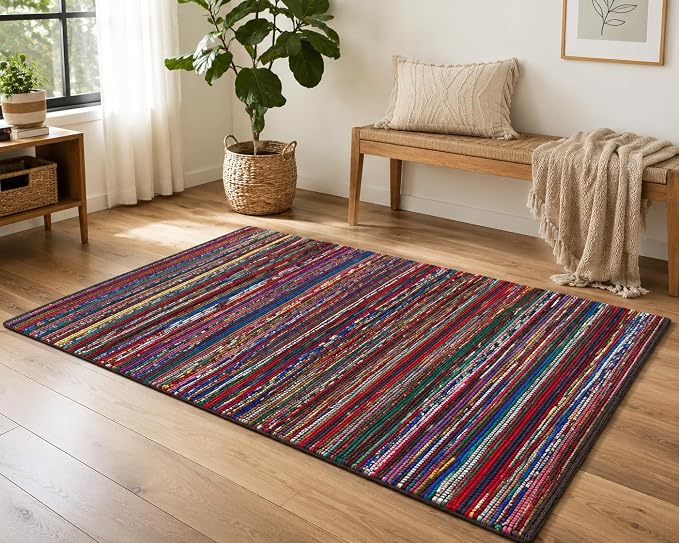 Chindi Rug 3x5, Boho Living Room Woven Braided Multicolor Area Rugs 3x5, Bohemian Colorful Recycled Cotton Rag Rugs for Farmhouse, Bedroom, Dining Room, Classroom, Hallway