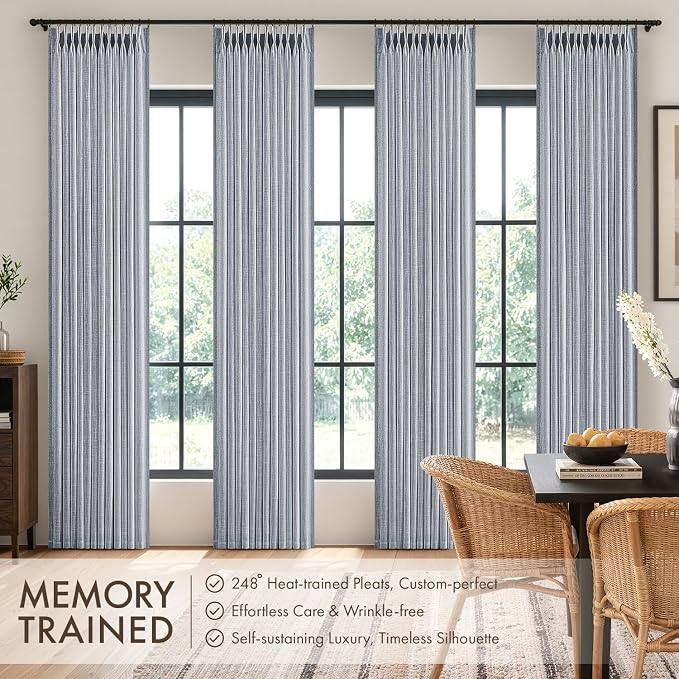 MIULEE 4 Panels Set Pinch Pleated Linen Curtains 102 Inches Long for Living Room Bedroom, Thick Linen Drapes Pleat Back Tab Memory Trained Light Filtering Chambray Blue Window Curtains with Hooks
