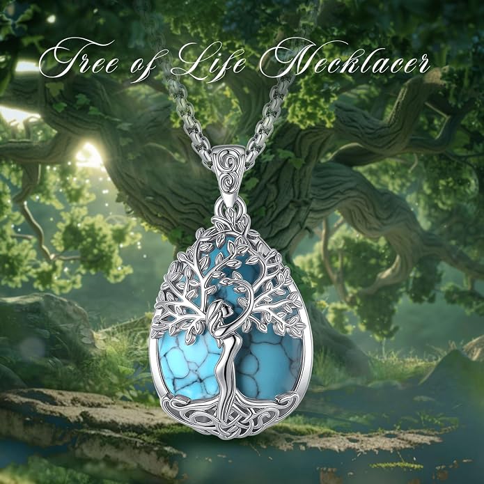 EUDORA Tree of Life Necklace with Moonstone Amethyst Obsidian Turquoise Healing Crystal for Women, Silver Plated Copper Mother Tree of Life Pendant Amulet Energy Jewelry, Gift for Women Mom, 20"+2"