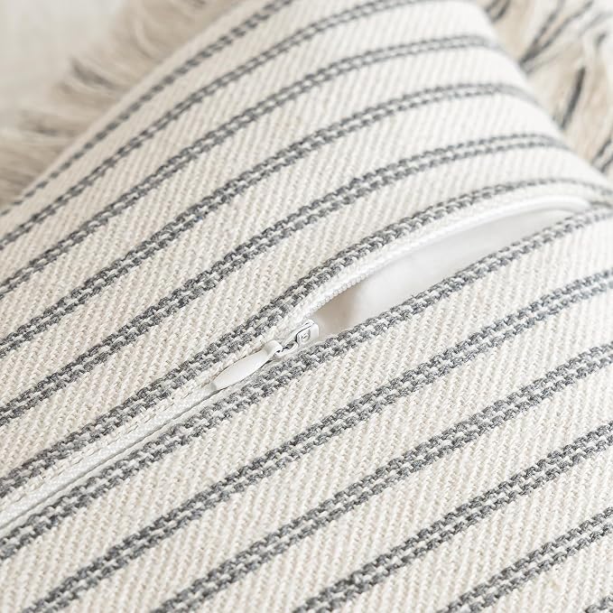 YEENAASY Throw Pillow Covers 22x22 Set of 2 Striped Fringe Pillow Cover Farmhouse Cushion Covers with Tassel Neutral Boho Pillows Decorative Square Pillowcase for Couch Sofa Bed, Grey