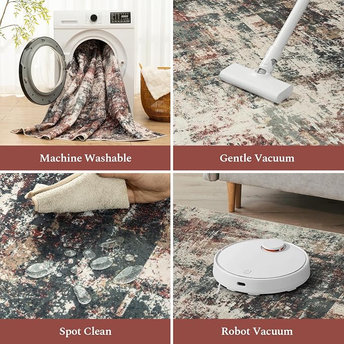 Rugflix 5x7 Area Rugs for Living Room, Washable Large Rug Stain-Resistant Low Pile, Modern Carpet for Dining Room Home Office Kid Room Nursery Bedroom, Rust Brown Green