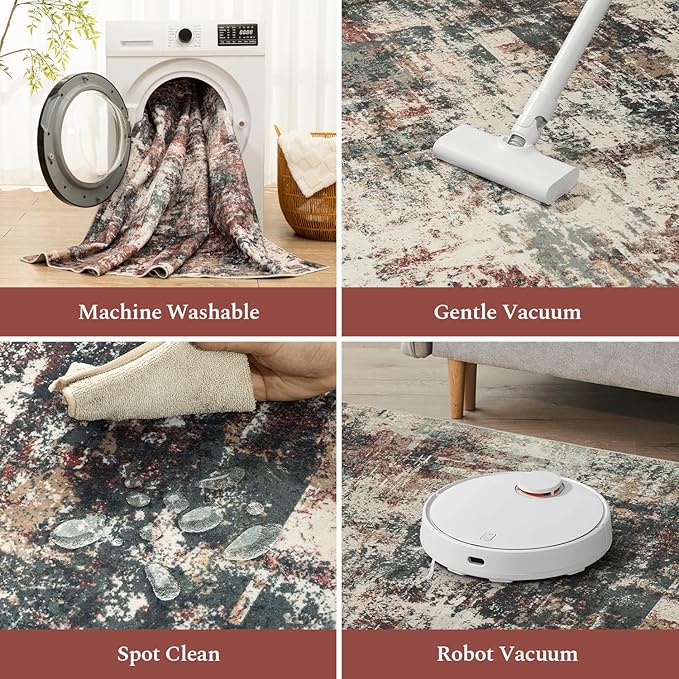 Rugflix 9x12 Area Rugs for Living Room, Washable Large Rug Stain-Resistant Low Pile, Modern Carpet for Dining Room Home Office Kid Room Nursery Bedroom, Rust