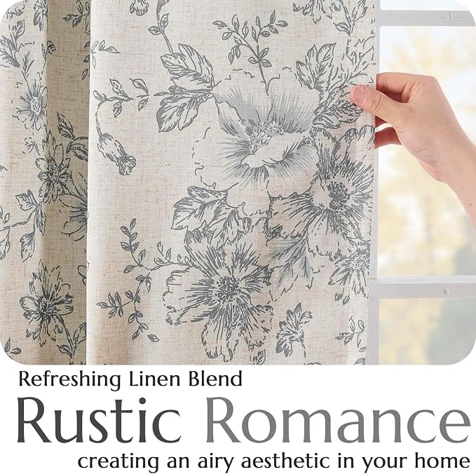 jinchan Grey Floral Linen Blackout Curtains Lined 90 Inch Back Tab 2 Panels | Blackout lining, room darkening drapes, farmhouse, vintage, cottagecore, rustic, bedroom, living room, window treatment