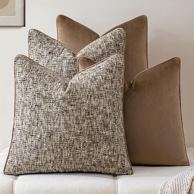 a moment Brown 4 Pack Throw Pillow Covers - Chenille & Velvet Set with Piping, Farmhouse Textured Design Pillow Cases for Couch Sofa Bed Livingroom (18x18 Inch, No Insert)
