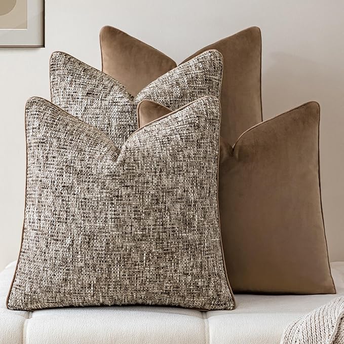 a moment Brown 4 Pack Throw Pillow Covers - Chenille & Velvet Set with Piping, Farmhouse Textured Design Pillow Cases for Couch Sofa Bed Livingroom (22x22 Inch, No Insert)