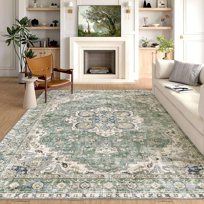LUXRUG Washable Area Rug 8x10 - Large Sage Green Boho Rugs for Living Room Soft Vintage Bedroom Rug Ultra-Thin Farmhouse Oriental Distressed Carpet Non Slip Rug for Dining Room Guest Room Home Decor